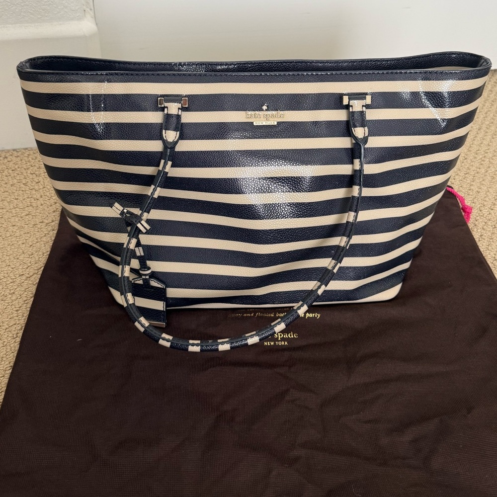 Kate Spade Cedar Street Offshore Navy and Ivory French Striped Harmony Tote
